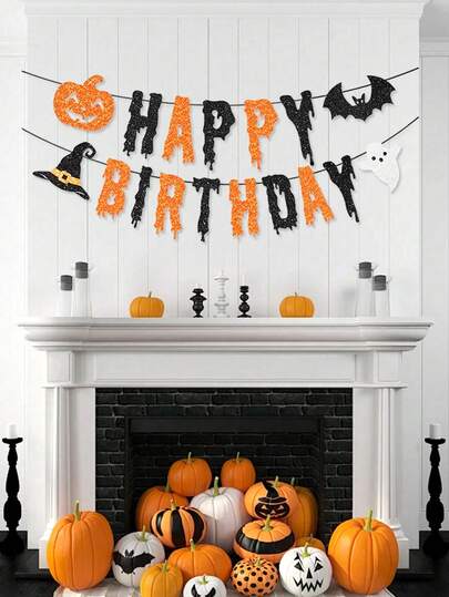 1pc Halloween Happy Birthday Decoration Banner, Glitter Pumpkin Bat Witch Hat Ghost Design, Birthday Party Theme Party Decoration Supplies,
