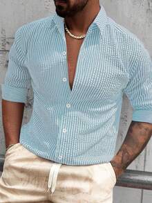 Men's Casual Striped Textured Fabric Shirt, Soft And Comfortable, Suitable For Home Or Outdoor Wear, Casual Commute, Versatile, Simple And Elegant Style, Loose Fit Men's Top