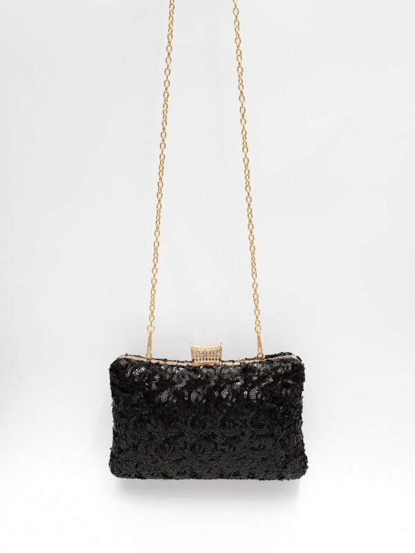 1pc Elegant Clutch Bag With Black Sequins, Golden Metallic Decor, Rhinestones, Minimalist Design, Suitable For Party, Wedding, Gala, Formal Occasions, Gift For Mom And Girls, Black Sequin Handbag