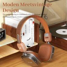 IKF R2 复古经典金属和皮革纹理耳机，Y2K 无线时尚耳机，降噪，蓝牙 V5.4 和有线双模式，工作、舞蹈、户外、运动等，5 级防水，60 小时电池续航时间，回溯 80 年代 90 年代 - 棕色 - 查看 4