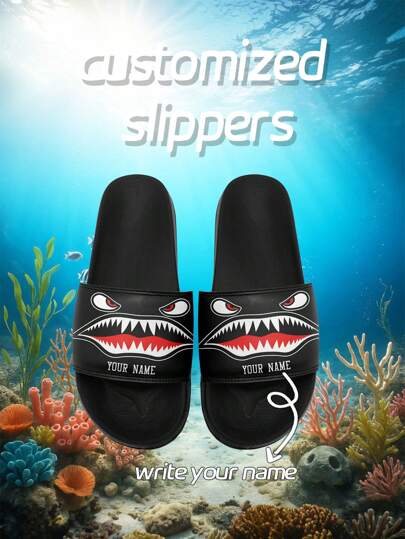 Personalisierbare Herren Pantoffeln mit Hai-Biss-Muster, Paar Sommer Hausschuhe, rutschfeste Strandsandalen, personalisierbare Pantoffeln geeignet für Herren und Damen
