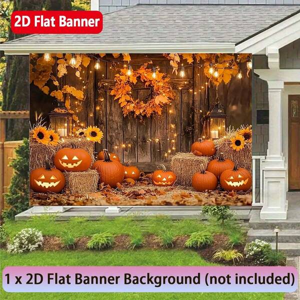 1 Piece 2D Flat Banner - Halloween Party Backdrop With Pumpkin And Autumn Leaves Theme, Vinyl Photo Background With Wooden Door And Haystack Design For Parties, Photo Booths And Cake Decorations, - Great For Fall Celebrations And Holiday Gifts, No Electricity Required!