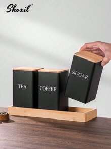 shoxil Set de 3 latas de almacenamiento cuadradas para café, recipiente para granos de café, recipiente para té, recipiente para azúcar, tapa de bambú y Body de hierro, para granos de café, hojas de té, aperitivos, cocinas del hogar, cafeterías, organización de despensa, regalo