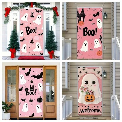 1 件粉色万圣节门装饰，70.87x35.43 英寸可爱鬼魂万圣节门横幅万圣节门装饰万圣节背景标志适用于家庭门复古万圣节派对用品