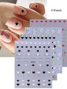 4pcs Simple French Heart Shaped Nail Sticker, Luxury Metallic Shiny Heart Nail Art Stickers 3D Decal DIY For Wedding Valentine's Day Manicure Decoration