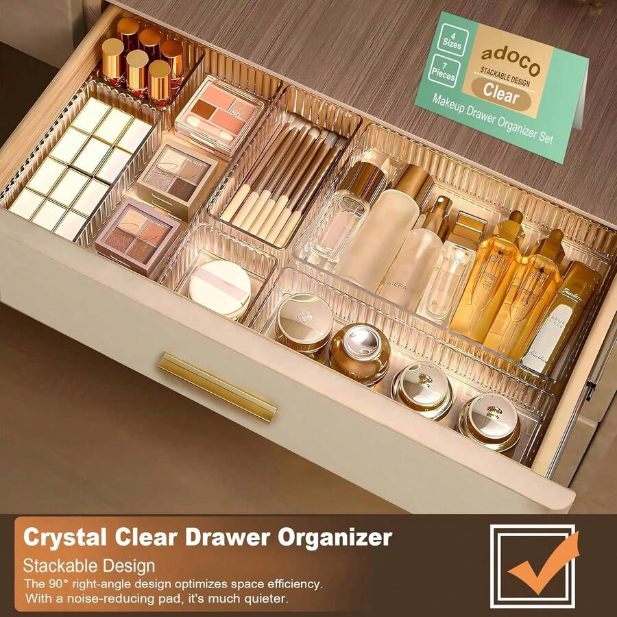 7 CountS Clear Drawer Organizers Bins, 4-Size Stackable Makeup Vanity Drawer Organizer Trays, Acrylic Bathroom Drawer Organizer Storage Containers For Cosmetic,Office Supply