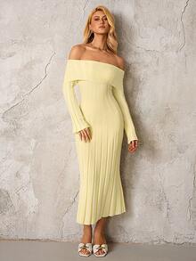 PARTHEA Off Shoulder Knit Solid Color Bodycon Off Shoulder Sweater Dress - Yellow - View 1
