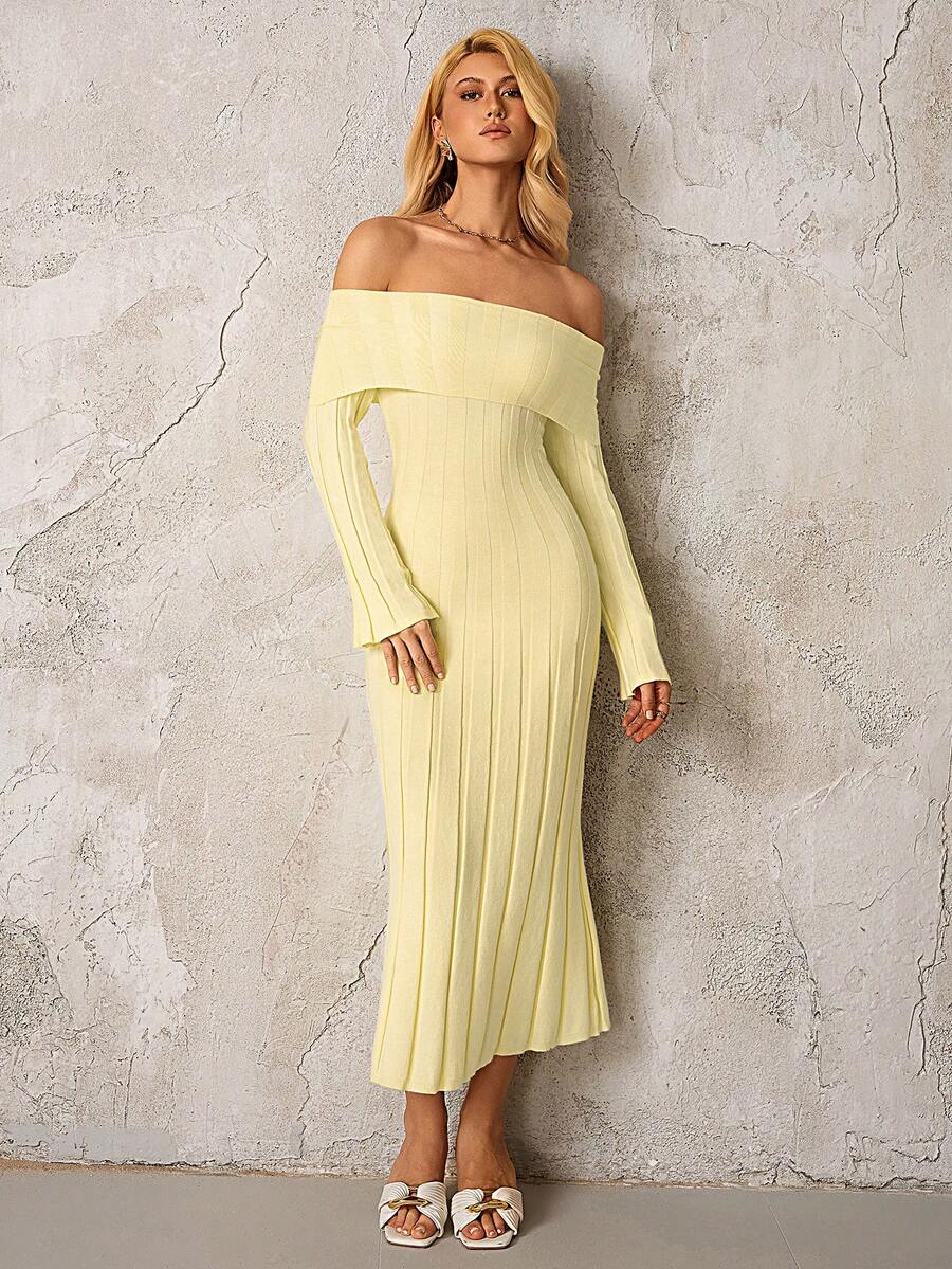 PARTHEA Off Shoulder Knit Solid Color Bodycon Off Shoulder Sweater Dress - Yellow - View 1
