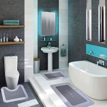 3-Piece Super Absorbent Bathroom Mat Set - Non-Slip Machine Washable Rugs For Bath, Shower  Toilet, U-Shaped Contour, Rectangular Mats With HOME Design, Durable Microfiber Floor Covers, Fits Bathroom, Hotel, Dorm - Màu xanh lam - Xem 6