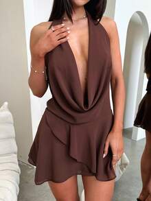 Women's Sleeveless Halter Deep V Cowl Neck Mini Dress Open Back Irregular Ruffle Hem Short Party Club Dresses - Coffee - View 1