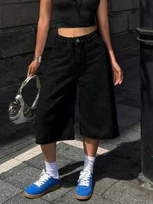 Women's Y2K Loose Fit Wide Leg Seven-Point Denim Jeans Pants With Butterfly Embroidery Pockets - Black - View 5