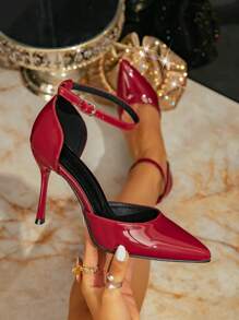 女士可调节系带高跟鞋，10 厘米尖头优雅细高跟鞋，酒红色 PU 皮革鞋面，适合日常穿着和派对