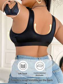 Plus Size Women Contrast Lace Comfortable Wireless Bra - Black - View 4