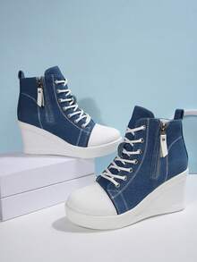 New Wedge Heel Thick Sole Hidden Height Women's Shoes, Side Zipper Design Daily Versatile Casual Shoes - Blue - View 3