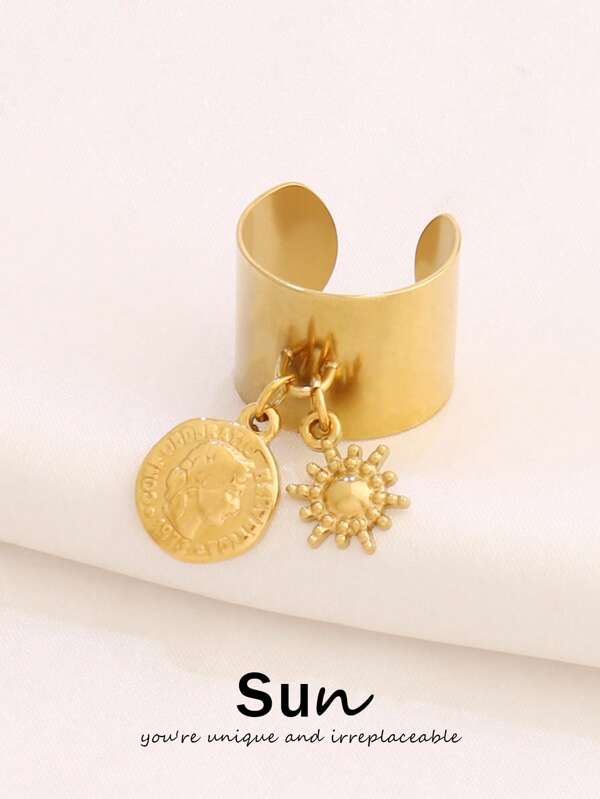 1 pieza Colgante de moneda de reina de acero inoxidable con anillo abierto, color dorado, encantos de sol redondos, anillo de joyería a prueba de agua para mujeres