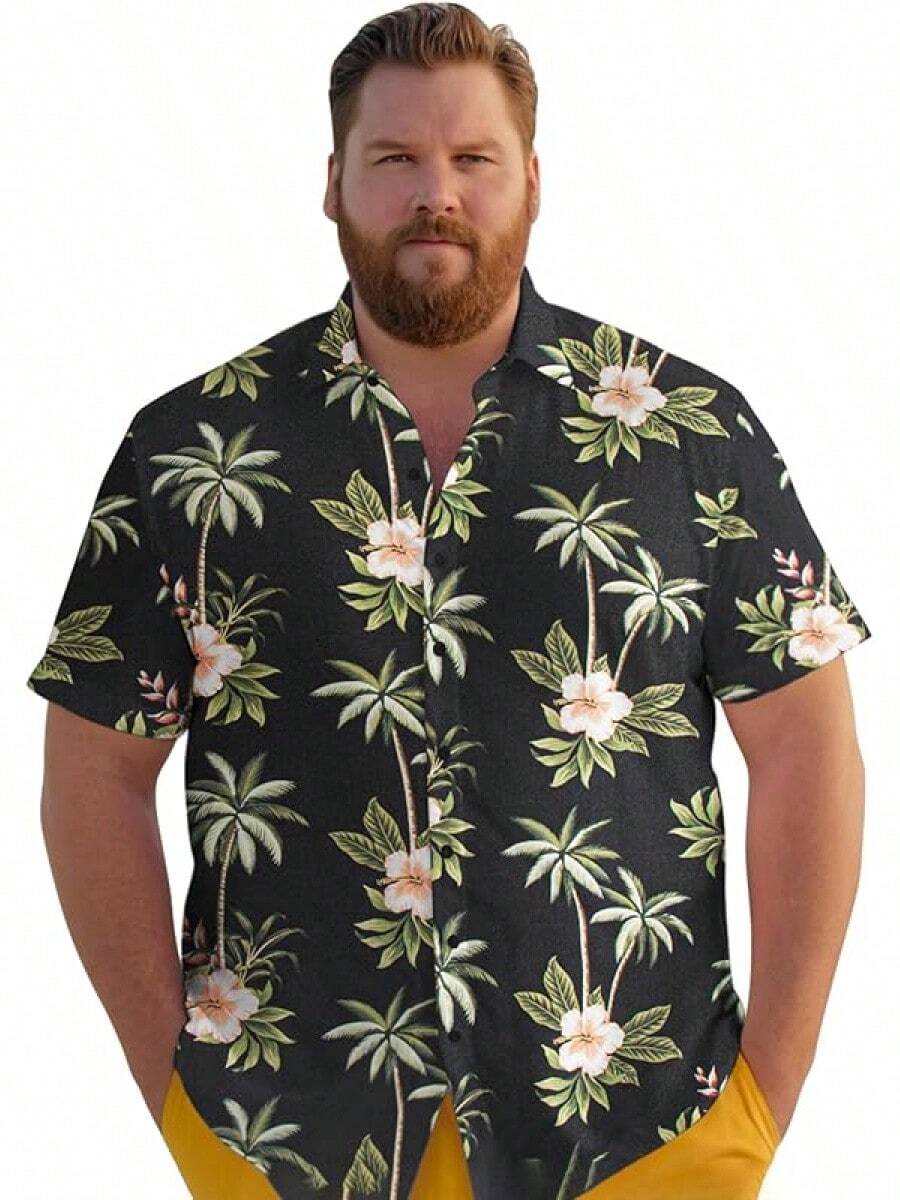 Big And Tall Men's Hawaiian Shirt - Short Sleeve, Tropical Floral Button Down Casual Summer Beach Shirthalloween - Black-green Palm - View 1