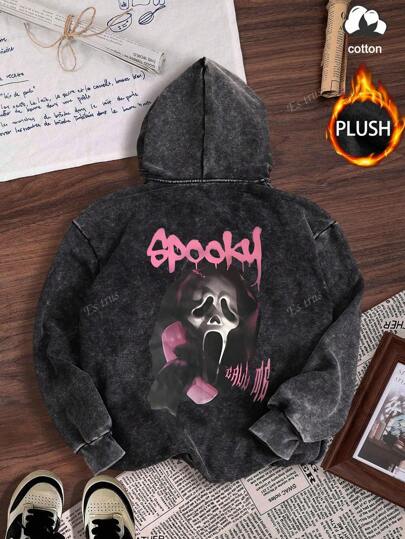 Cotton, Women's Autumn And Winter Fun Halloween "Skull Ghost Letter" Pattern Print New Washed Zipper Jacket, Women's Street Wear Retro All-Match Commuting Washed Zipper Jacket, Suitable For Outdoor Leisure, Regular Niche Simple Fashion Casual Loose Washed Zipper Jacket