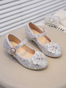 1 paire de chaussures à talons hauts avec nœud paillettes pour filles, nouvelles chaussures de princesse élégantes pour le printemps/été, polyvalentes et confortables, convenant aux représentations, défilés et occasions formelles, avec fermeture à boucle et à crochet réglable