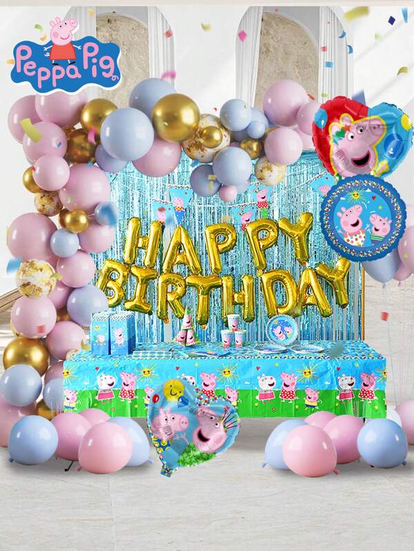 Hasbro Ensemble de 156 pièces de vaisselle et ballons Peppa Pig sous licence officielle. Comprend des assiettes, des tasses, des serviettes, des ballons, des sacs-cadeaux, des chapeaux de fête, des bannières, une nappe, des confettis et des autocollants. Décorations d'anniversaire thème rose