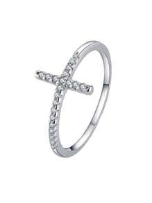 1pc Elegant Promise Ring, Fashion Cross Design With Shiny Cubic Zirconia, Engagement/Wedding Ring, Luxury Bridal Jewelry