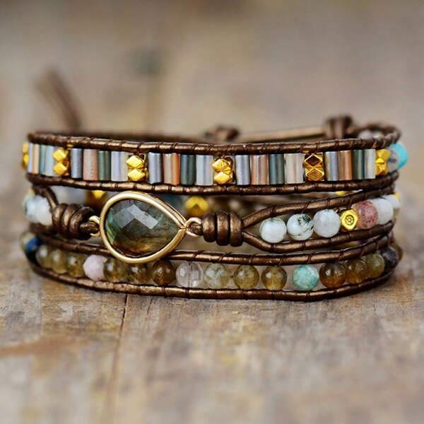 Braccialetto bohémien da donna, fatto a mano e unico nel suo genere, a 3 giri, con pietre naturali pregiate, perle di labradorite scintillanti, stile regolabile - perfetto per l'uso quotidiano, come regalo, accessorio per tutte le stagioni