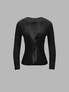Buzzelle Camiseta de mujer con parches de encaje transparente, tela de punto con empalmes de encaje de corte aleatorio, adecuada para citas y uso diario, nueva camiseta 2026, camiseta del Día de San Valentín, sexy - Negro - Ver 5
