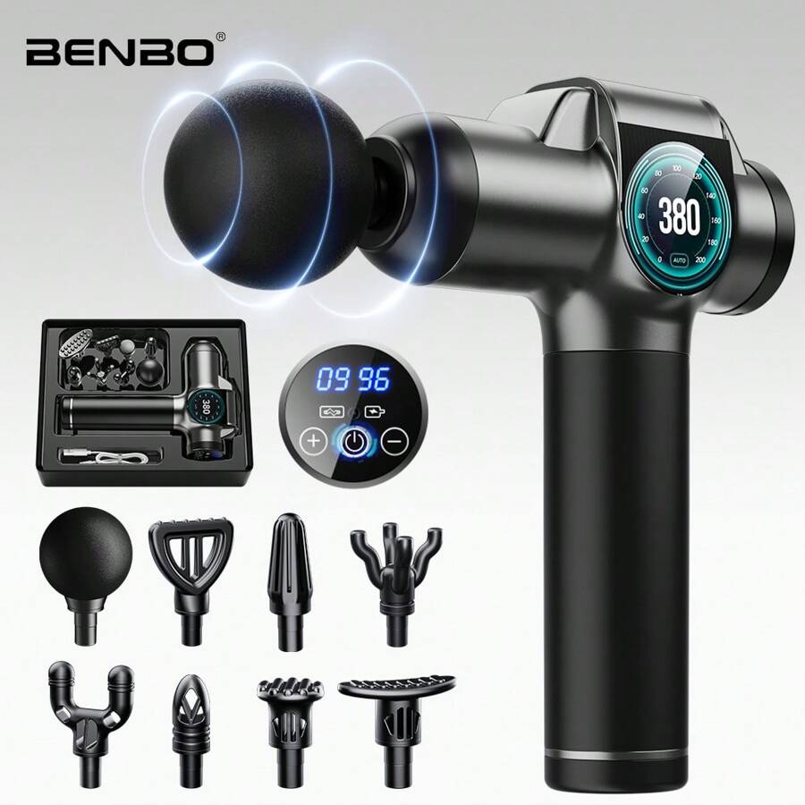 Benbo按摩枪，背部按摩器，缓解疼痛。配有多个按摩头。送礼自用皆宜。灰色和绿色可选。