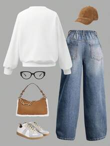 少女卡通印花圆领长袖上衣和牛仔裤套装 - 白色 - 查看 2