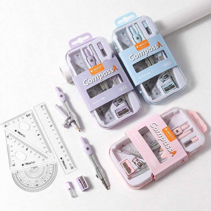 1 Set Compass Tool Kit - Includes Ruler, Pencil Sharpener, Pencil, Etc. - A Set Of Math Drawing Compass Tools Suitable For Students, Applicable For School Learning And Exam Preparation. Random Delivery. Back To School Season, School Supplies, Back To School - one-size - View 1