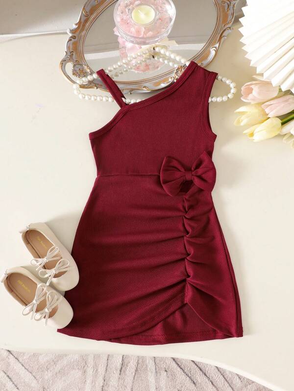 1pc Toddler Girls Elegant Shoulder Strap Sleeveless Green Mini Dress, Lightweight, Summer