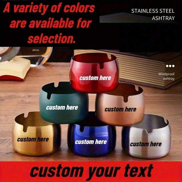 1pc Customizable Heavy-Duty Stainless Steel Golden Ashtrays - Personalized Logo Engraved Circular Cigarette Trays For Bars, Offices, Restaurants - Durable Commercial & Home Use, Ashtrays For Cigarettes