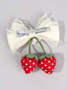 1 件女孩可爱草莓蝴蝶结发夹，配可爱草莓球尾和花朵装饰，花卉刺绣米色蕾丝蝴蝶结发夹 - 迷人甜美水果风格，适合日常穿着、学校、派对和春夏 - 彩色 - 查看 3