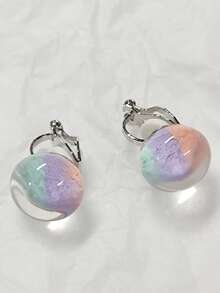 2 件彩色树脂扁平珠夹式耳环，甜美可爱梦幻星空珠无穿孔耳环，适合夏季