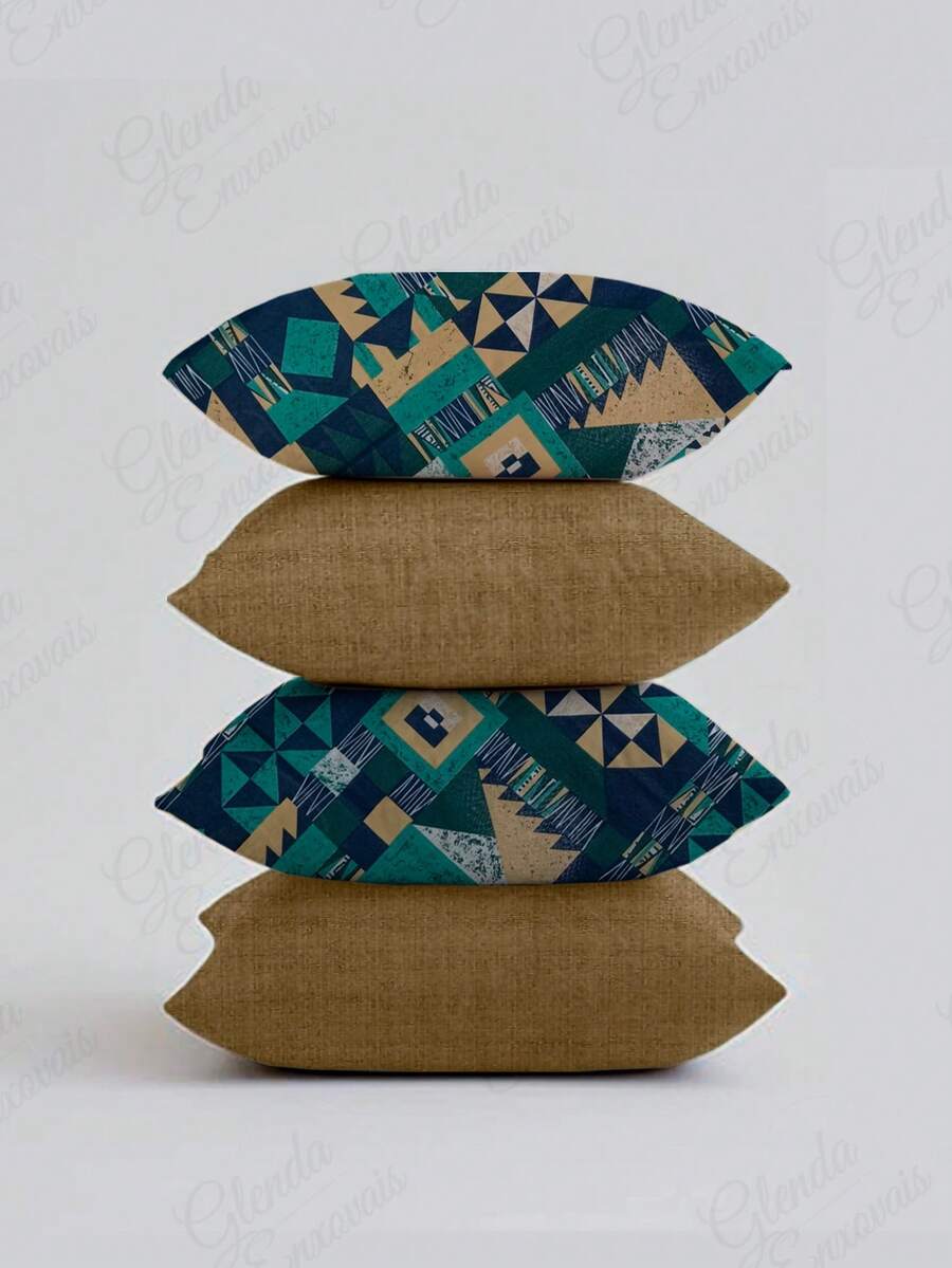 (4 Units) 45x45 Pillow Covers – 2 Plain And 2 Printed – Assorted Colors – AL - Blue-beige Geometric - View 1