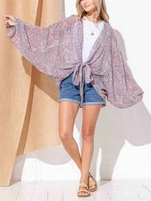 Womens Casual Cover Up Boho Chic Paisley Print Bell Sleeve Kimono Cardigan Front Tie Wrap Light Gray Pink Pattern Open Front Beach Resort Wear Summer Spring Vacation Beachwear Loose Fit - 多 - 查看 1