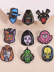 9Pcs Cartoon Anime Horror Characters Enamel Pin Mysterious Fantastical Green Alien Creature Mummy Gothic Animal For Kid'S - one-size - View 4