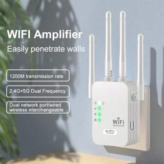 1200 Mbps WiFi-extender met 2.4G/5G dual-band, dekking van 10.000 vierkante voet, hoogwaardige signaalversterker en buitenrelais, storingsvrij, ideaal voor thuis en op kantoor, perfect cadeau voor de verjaardag van uw zoon, wifi-extender