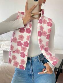 女士休闲保暖外套，花卉图案羊羔绒拉链高领背心，冬季 - 白色 - 查看 4