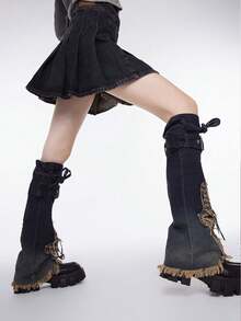 Y2K 复古美式牛仔暖腿套，性感仿皮裤袜，纽扣设计及膝套 - 彩色 - 查看 6