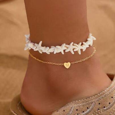 2Pcs/Set Simple Fashion Heart Initial Star Fish Bead Golden Stainless Steel Chain Layered Anklets For Women Summer Beach Jewelry