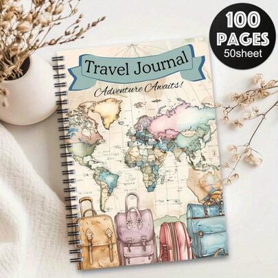 1 pièce Cahier de voyage rétro à spirale - Journal avec carte du monde et illustrations de bagages, design "Travel Diary", parfait pour la journalisation, les relevés de pays, les fournitures scolaires et de bureau, les journaux de voyage | Journal de carte vintage | Reliure spiralée