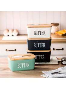 1 Piece Of Butter Dish, With Bamboo Lid, Multi-Functional Butter Dish, Ceramic French-Style Butter Plate, Suitable For Spreading Soft Butter, Equipped With A Waterproof Sealed Butter Container Stand, Very Suitable For Kitchen Baking And As A Gift. Sealed Butter Container Lid, Suitable For Kitchen Countertop Or Refrigerator Use, Household Kitchen Utensil.
