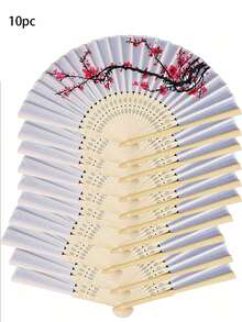 10 chiếc/1 chiếc Quạt xếp kiểu Trung Quốc họa tiết hoa mai mực, quạt vải lụa, quạt lụa hoa mai thanh lịch cho đám cưới - Nhiều màu - Xem 6