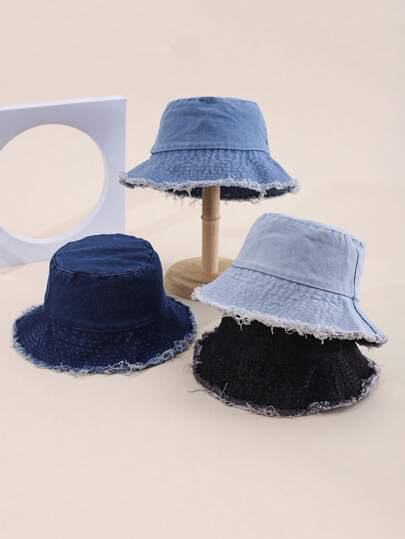 1 Stück modischer, lässiger, ausgefransster Denim Fischerhut Einfarbig, geeignet für Männer und Frauen, für den Alltag und zum Sonnenschutz