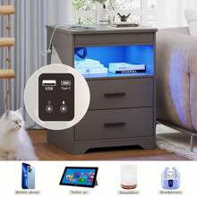 FREDEES Smart LED Nightstand With Hidden Drawer, Nightstand With Charging Station And 3 Colors Human Sensor Lights, Modern Bedside Table With Storage, Gray