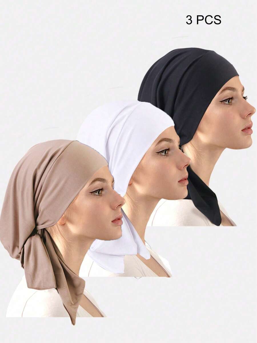 3 件装女士褶皱化疗帽，女士长尾头巾帽，适合日常使用 - 彩色 - 查看 1