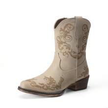 女式西部风短靴：低跟粗跟、方头、秋季短靴 - 米色 - 查看 5