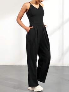 Women's Casual Pleated Loose Straight Leg Pants With Adjustable Shoulder Straps, Suitable For Spring And Summer Sports And Leisure Daily Travel, High-End Wide Leg Front Zipper Sleeveless Jumpsuit, Sexy Shoulder Strap Wide Leg Jumpsuit - màu đen - Xem 1