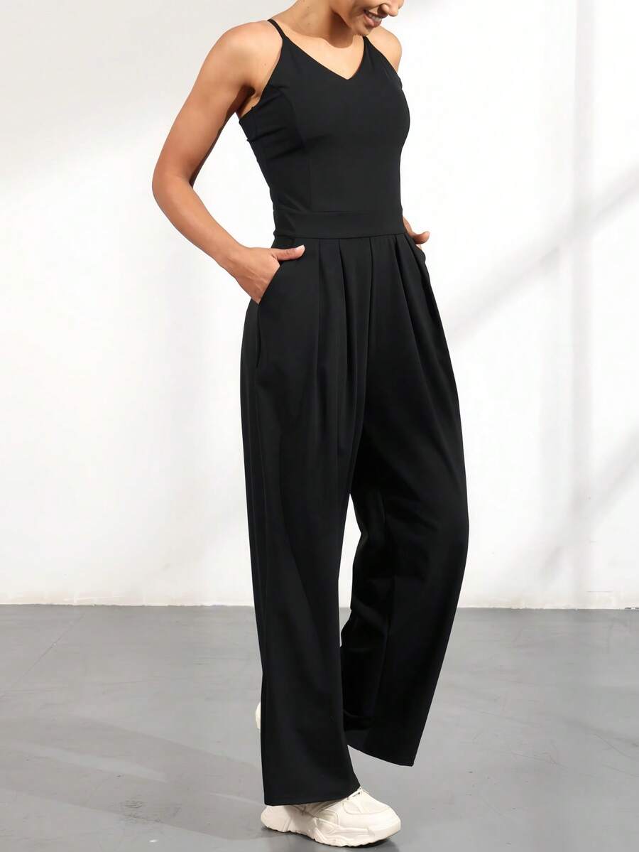 Women's Casual Pleated Loose Straight Leg Pants With Adjustable Shoulder Straps, Suitable For Spring And Summer Sports And Leisure Daily Travel, High-End Wide Leg Front Zipper Sleeveless Jumpsuit, Sexy Shoulder Strap Wide Leg Jumpsuit - màu đen - Xem 1