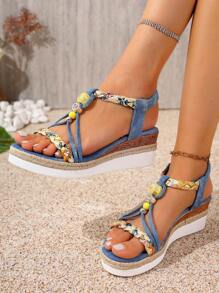 Women's Platform Sandals, Decorated With Big Pearls & Rhinestones, Bohemian Open Toe Thick Bottom Shoes. Paired With Elastic One-Push Design Mid-Heel Comfortable Thick Sole Wedge High Heel Lightweight Casual Woven Hemp Roman Sandals, Suitable For Summer